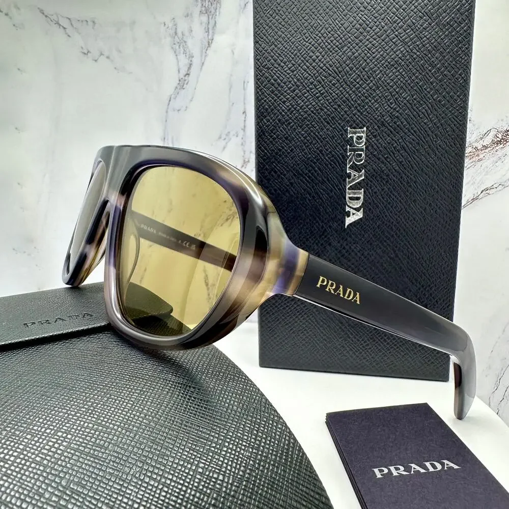 New PRADA Sunglasses Brown Striped Laguna Aviator Shield Mask New - Picture 5 of 16